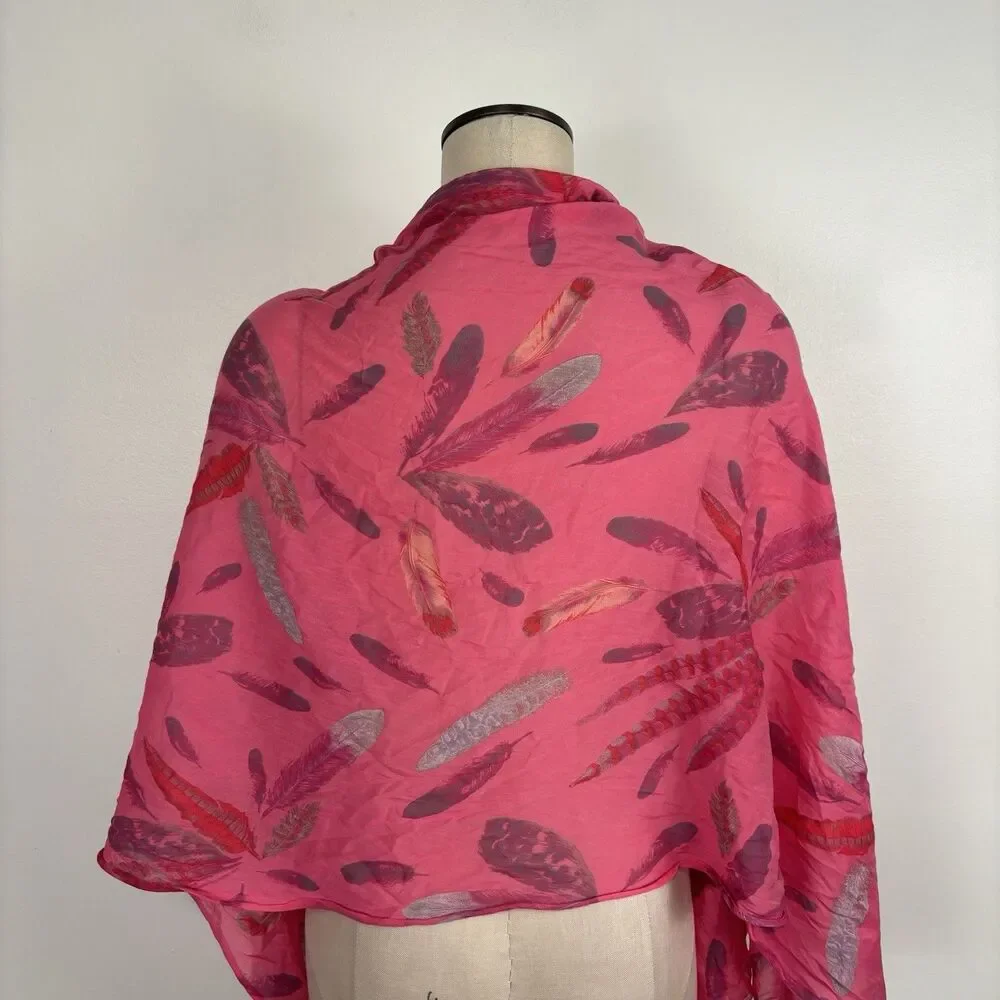 Moda Accessori Italy Pink Feather Print Scarf Cotton Silk Blend Lightweight